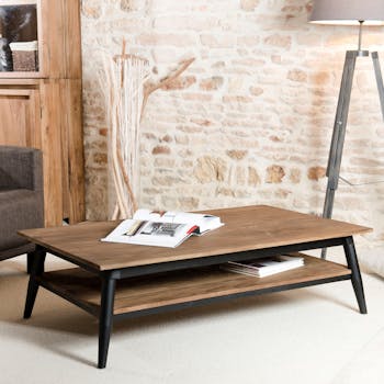 Table basse esprit scandinave en Teck recyclé double plateaux 120x70x35cm SWING