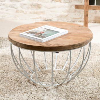 Petite table basse ronde teck recyclé structure filaire blanche SWING