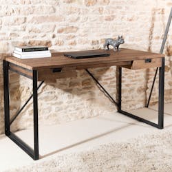 Bureau en Teck recyclé et métal noir 2 tiroirs 140x70x78cm SWING