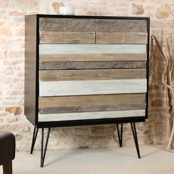 Commode en Acacia massif noir 5 tiroirs bandes teintes variées et pieds métal noir 100,5x45x126cm CADIX