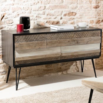 Buffet Enfilade en Acacia massif noir 5 tiroirs bandes teintes variées et pieds métal noir 150x45x81cm CADIX