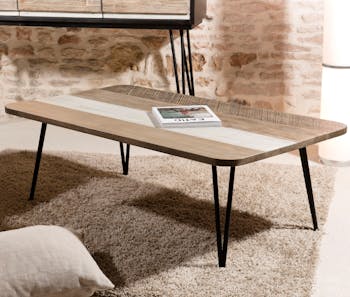 Table basse en Acacia massif bandes teintes variées et pieds métal noir 120x70x41,5cm CADIX