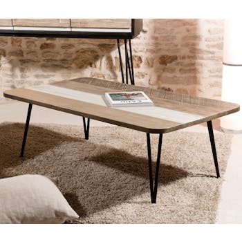 Table basse en Acacia massif bandes teintes variées et pieds métal noir 120x70x41,5cm CADIX