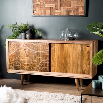 Buffet porte coulissante motif gravé MAURAI