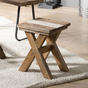 Tabouret bois recyclé pieds croisés JODHPUR