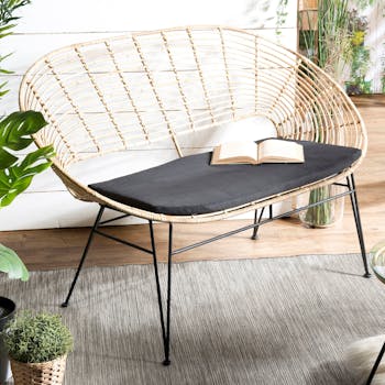 Canapé rotin 2 places ovale coussin noir SUMBA