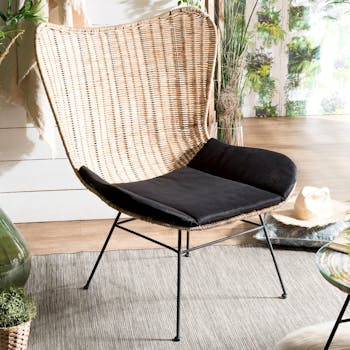 Fauteuil rotin coussin noir SUMBA