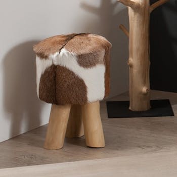 Tabouret peau de chèvre Crème et Marron 31x31x45 CLARISSA
