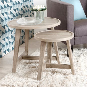 Lot de 2 tables gigognes rondes rétro bois pieds chevalet 57X57X53cm LANDAISE