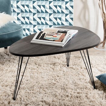 Table basse forme galet rétro bois et pieds métal noir en épingle 4 tiges 97X65X50cm LANDAISE