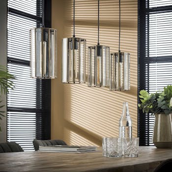 Suspension vintage verre forme cylindre 4 lampes bronze vieilli RALF