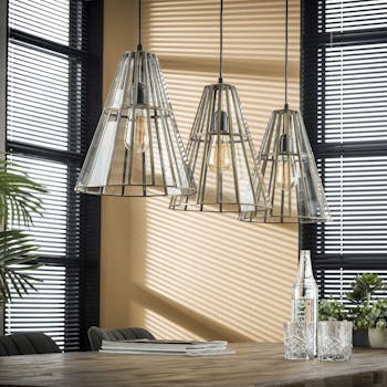 Suspension vintage verre forme parapluie 3 lampes bronze vieilli RALF