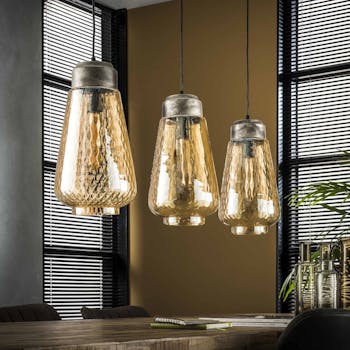 Suspension vintage en verre ambré travaillé 3 lampes LUCKNOW