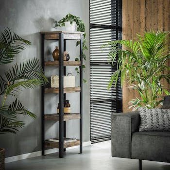 Etagère sur pieds lamelles de teck recyclé gris métal 5 niveaux JAVA