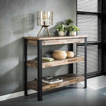 Console moderne lamelles de teck recyclé grisé métal JAVA
