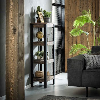 Etagère sur pieds lamelles de teck recyclé gris métal 4 niveaux JAVA