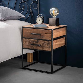 Table de nuit bois recyclé brut acier 2 tiroirs WELLINGTON