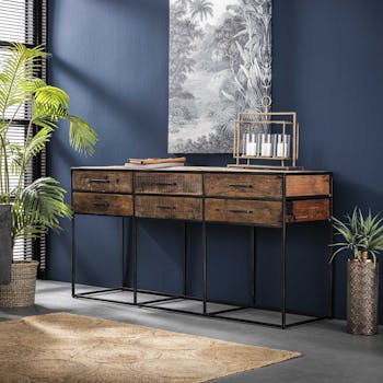 Console bois recyclé brut acier 6 tiroirs WELLINGTON