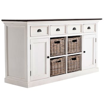 Buffet blanc bois dessus noir 4 paniers ROYAN