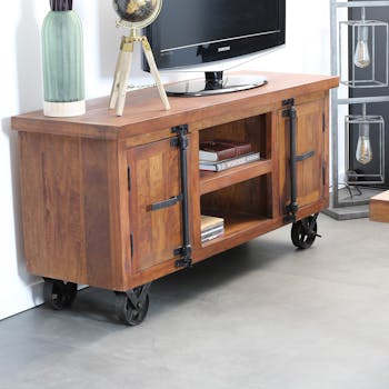 Meuble tv industriel vintage bois recyclé roues LEEDS
