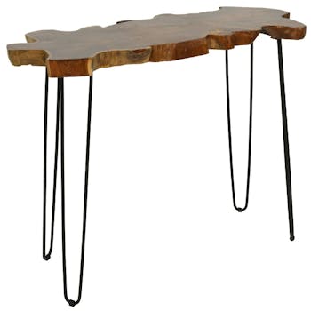 Console en racine de teck plateau bord brut et pieds en épingle