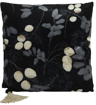 Coussin carré noir motif feuilles et pompon
