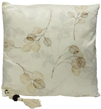 Coussin carré blanc motif feuilles et pompon
