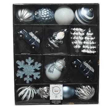 Boite de 25 décors de Noël tons bleus et argentés