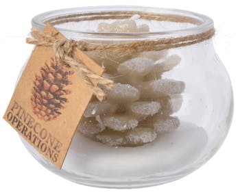 Bougie pomme de pin beige dans photophore