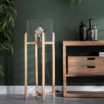 Lampadaire industriel grillagé support bois de manguier LUCKNOW