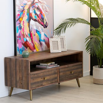 Meuble tv 2 tiroirs bois recyclé piètement effet laiton vieilli ADÉLAÏDE