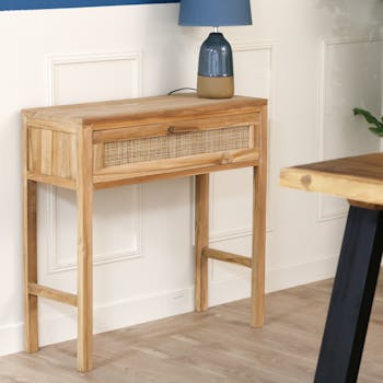 Console en teck tiroir cannage