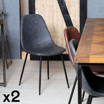 Lot de 2 chaises PU gris effet vieilli pieds métal noir 53x43x82cm