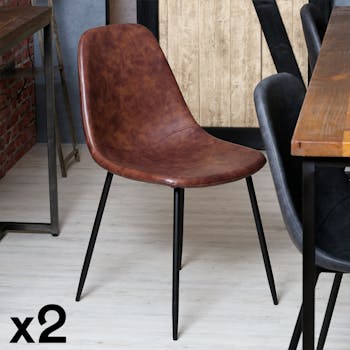 Lot de 2 chaises PU camel effet vieilli pieds métal noir 53x43x82cm