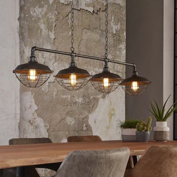 Suspension industrielle 4 lampes grillagées tuyau TRIBECA