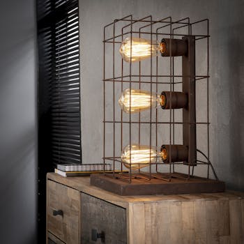 Lampe à poser industrielle 3 lampes grillage effet rouille TRIBECA