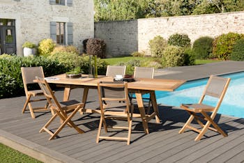 Salon de jardin en teck SUMMER (1 table de jardin extensible 180/240, 6 chaises)
