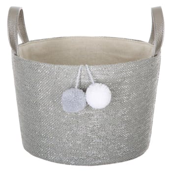 Panier rond gris argenté à anses avec pompons