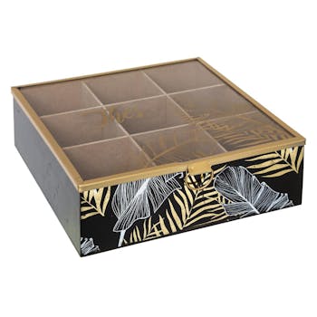 Boite à thé 9 compartiments noire décor feuilles blanches et dorées