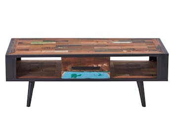 Table basse rectangulaire 1 tiroir 2 niches bois recyclé DRAKKAR