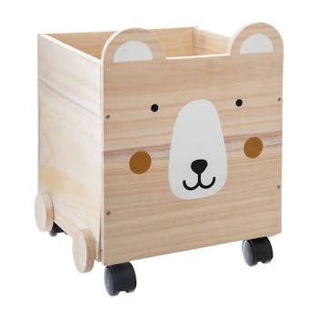 Coffre en bois tête d'ourson à roulettes