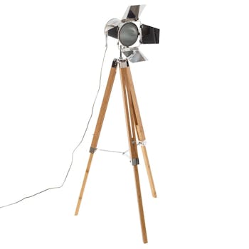 Lampadaire projecteur en métal et pieds bambou H 139 cm