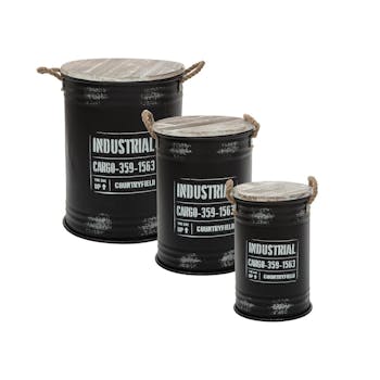 Ensemble de 3 bidons "Industrial" en métal noir et bois (lot de 3)