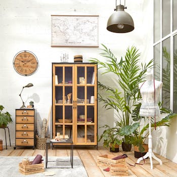 Vitrine en bois et métal noir 2 portes 186,5 cm