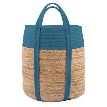 Panier en jute naturelle et bleu pétrole avec anses