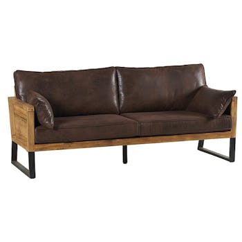 Canapé 3 places vintage havane accoudoirs bois ONTARIO