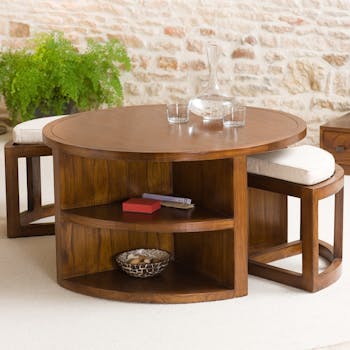 Table basse ronde 2 tabourets avec coussins D90cm LOLA