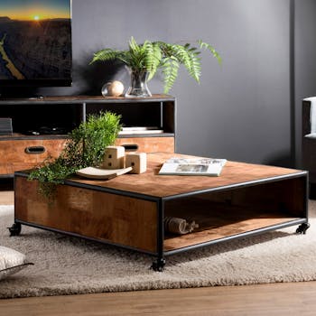 Table basse carrée à roulettes teck recyclé SWING