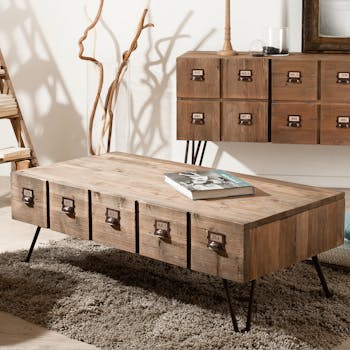 Table basse 1 tiroir pin recyclé 120,5x60,3x43,5cm ATELIER