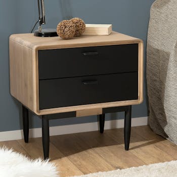 Table de Chevet en Acacia massif couleur naturelle 2 tiroirs noirs et pieds métal 60x45x60cm PALMEIRA